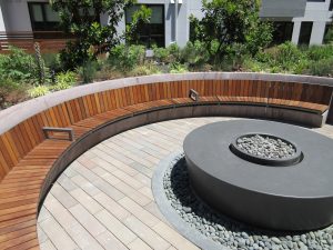 Curved seating at firepit