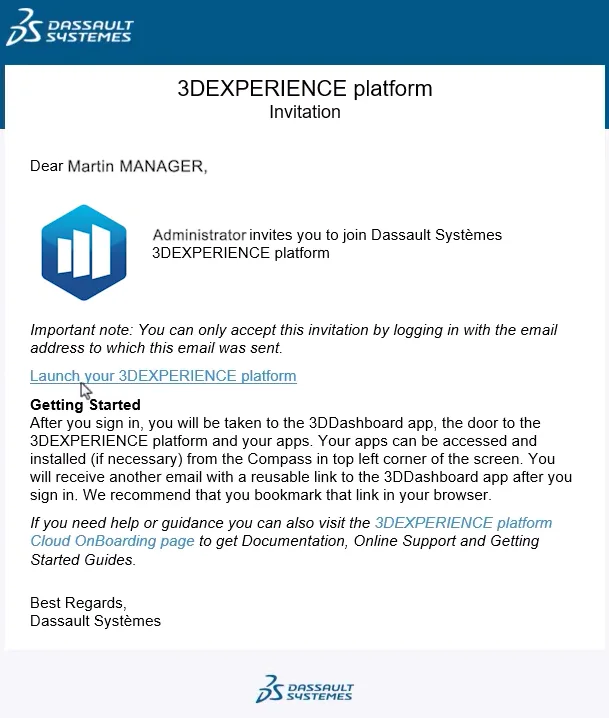 New User Email 3DEXPERIENCE Invitation