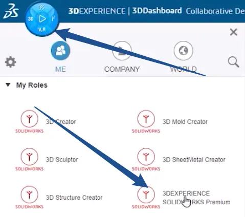 Selecting the 3DEXPERIENCE SOLIDWORKS Role