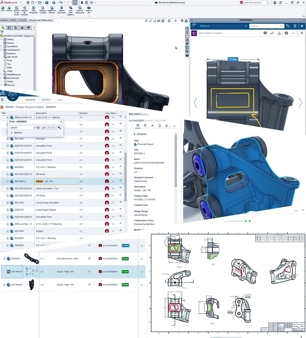 The SOLIDWORKS Cloud Services in action showing share & markup and the collaborative designer capabilities on the 3DEXPERIENCE platform.
